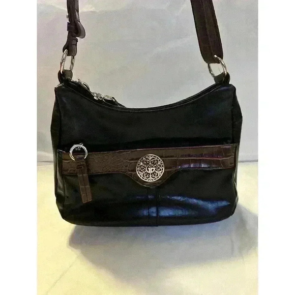 GIANI BERNINI Black Leather w/Brown Alligator Classic Style Shoulder Shopper Bag - Picture 6 of 8